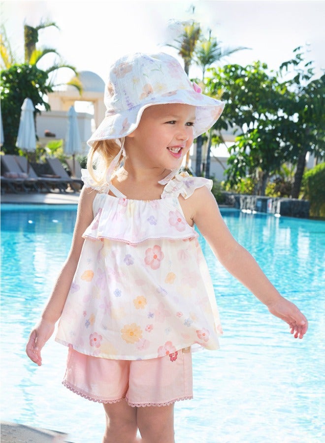 Dave & Bella Girls Floral Top and Shorts Set with Ruffle Straps and Pink Trim - Image 1