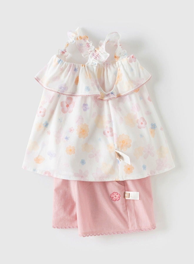 Dave & Bella Girls Floral Top and Shorts Set with Ruffle Straps and Pink Trim - Image 5