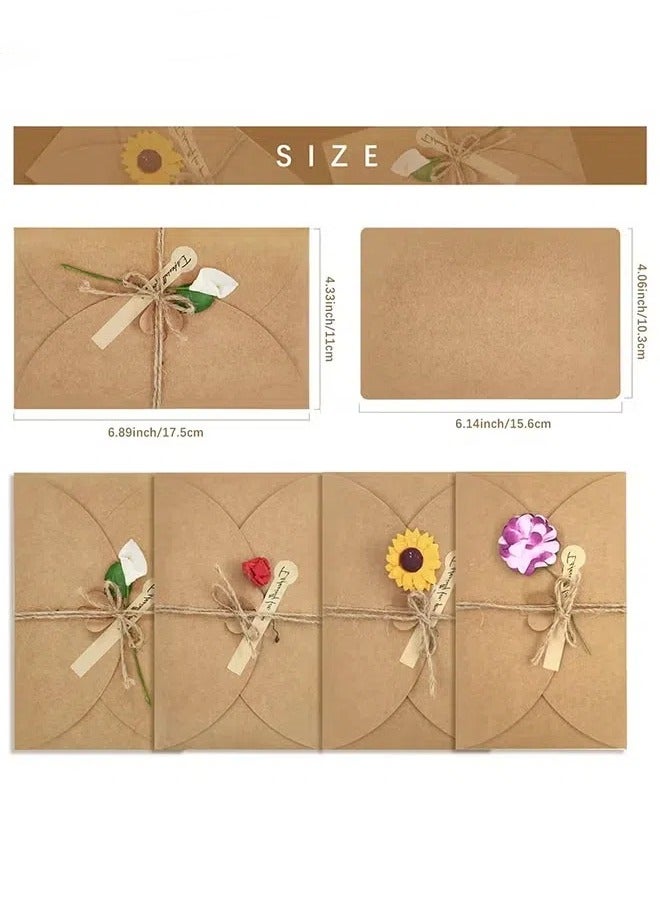 Generic 4 Packs Greeting Card,Brown Kraft 4 Floral Designs of Dried Flowers Greeting Cards with Envelopes, Stickers and Twine, Blank Note Cards for Friend (6.5*4.3 Inch)  - Image 2