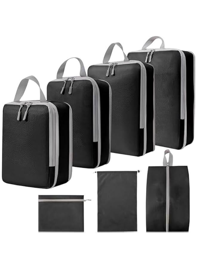HOOKOR Packing Cubes for Travel - 7 Set Luggage Organizer Bags for Family, Mesh Breathable Travel Packing Cubes for Suitcases Durable Travel Essentials Bags Set,Carry On Suitcases (Black) - Image 1