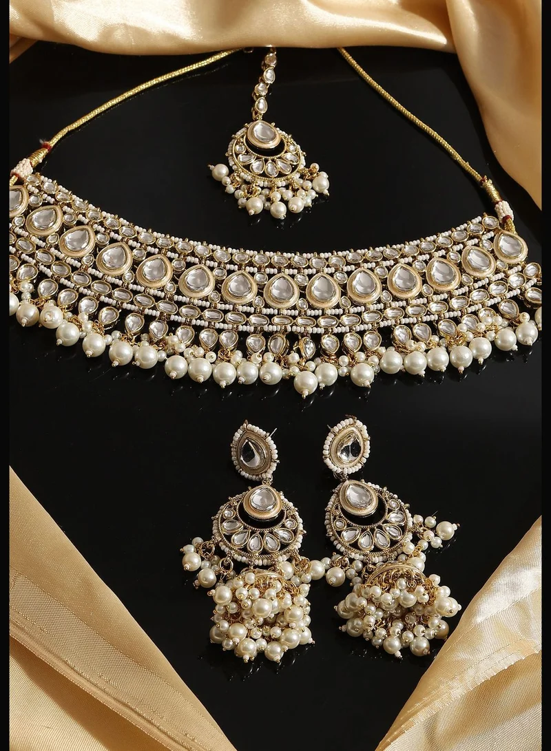 SOHI Gold Plated Designer Kundan Party Necklace, Earring and Maang Tikka Set For Women