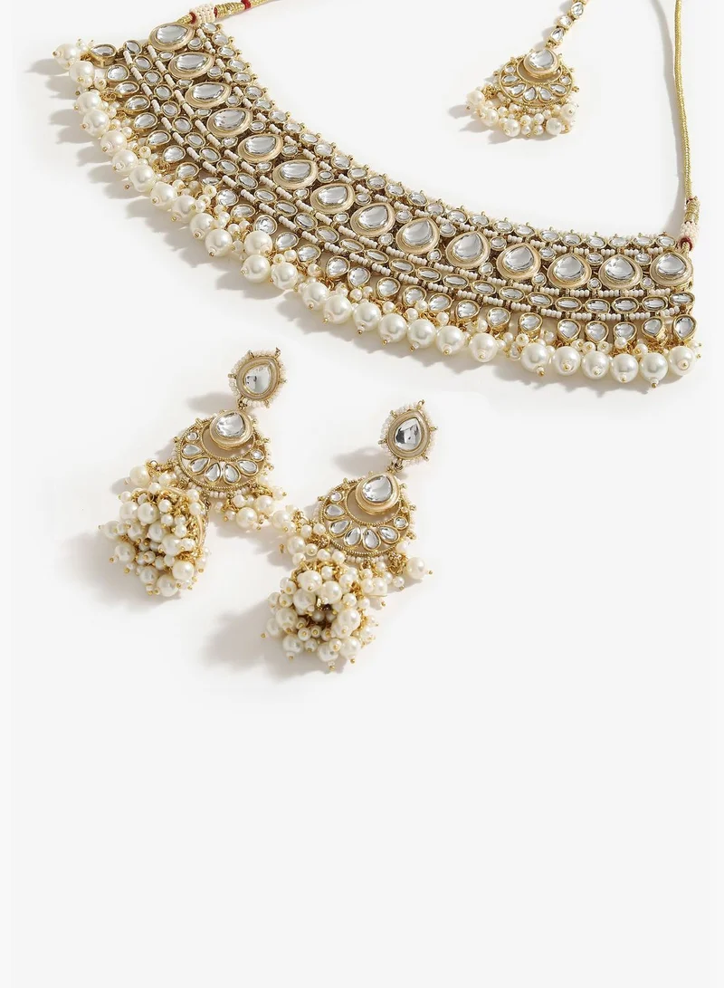 SOHI Gold Plated Designer Kundan Party Necklace, Earring and Maang Tikka Set For Women