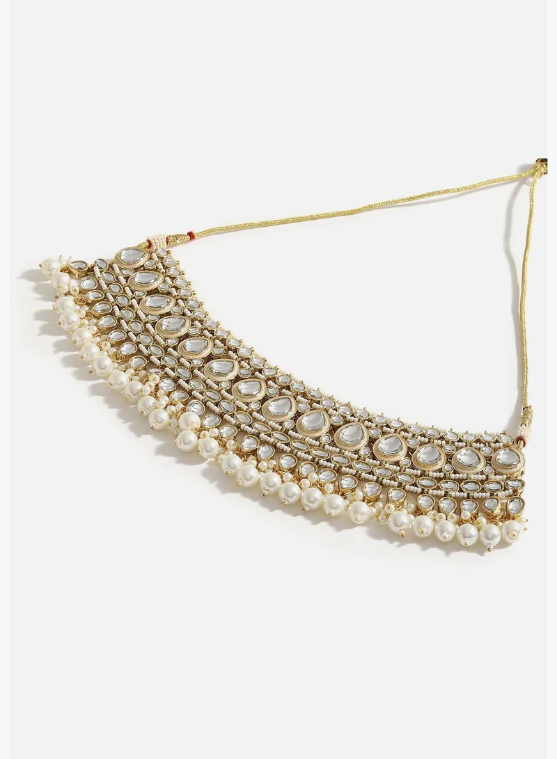 SOHI Gold Plated Designer Kundan Party Necklace, Earring and Maang Tikka Set For Women