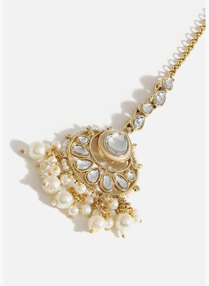 SOHI Gold Plated Designer Kundan Party Necklace, Earring and Maang Tikka Set For Women