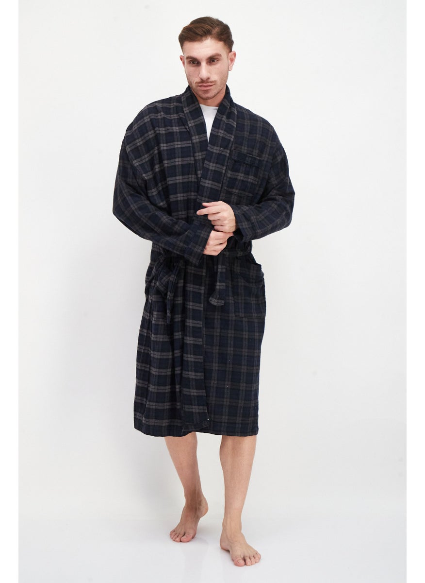Bottoms Out Men Plaid Tie Waist Robes, Navy/Grey  - Image 1