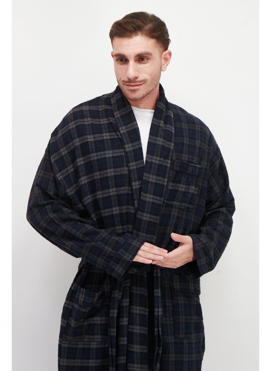 Bottoms Out Men Plaid Tie Waist Robes, Navy/Grey  - Image 2