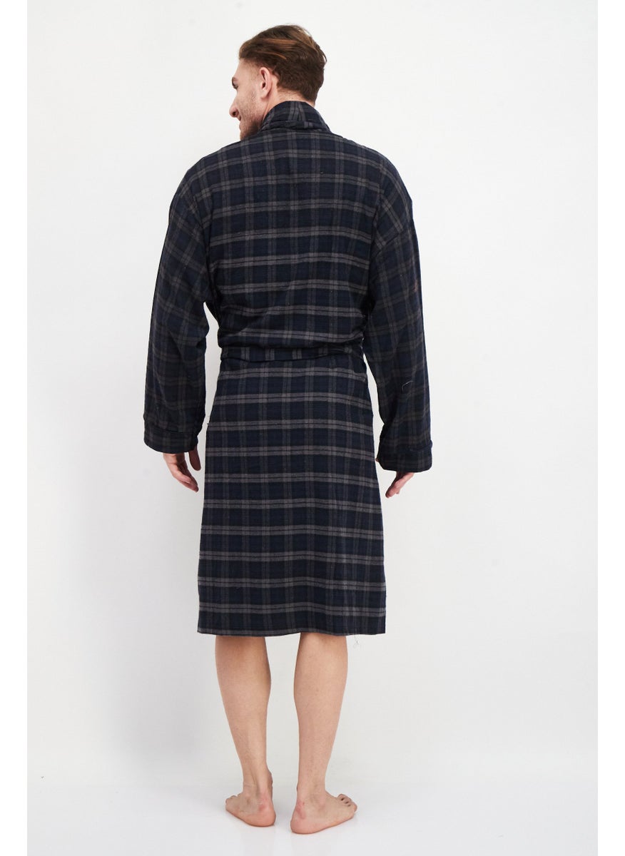 Bottoms Out Men Plaid Tie Waist Robes, Navy/Grey  - Image 3
