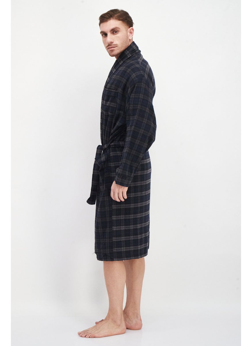 Bottoms Out Men Plaid Tie Waist Robes, Navy/Grey  - Image 4