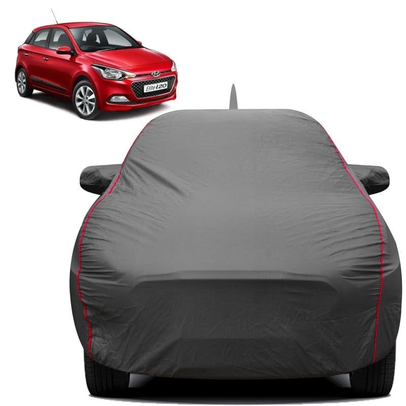 FABTEC Waterproof Premium Car Cover for Hyundai Elite i20 with Mirror and Antenna Pocket Super Waterproof Car Body Cover Heavy Duty Durable Peva Grey with Red Piping - Image 2