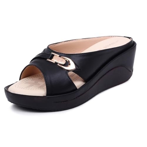 TRASE Women's Fashion Sandal, Faux Leather, Comfortable and Stylish Wedges| Soft Cushion Footbed For Women & Girls | For Casual Wear & Formal Wear Occasions 2.5 inches heel-Black, 5 UK - Image 1