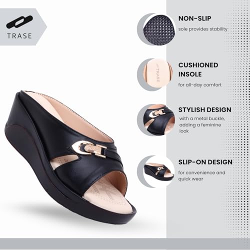 TRASE Women's Fashion Sandal, Faux Leather, Comfortable and Stylish Wedges| Soft Cushion Footbed For Women & Girls | For Casual Wear & Formal Wear Occasions 2.5 inches heel-Black, 5 UK - Image 2