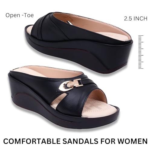 TRASE Women's Fashion Sandal, Faux Leather, Comfortable and Stylish Wedges| Soft Cushion Footbed For Women & Girls | For Casual Wear & Formal Wear Occasions 2.5 inches heel-Black, 5 UK - Image 4