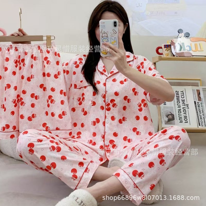 Imitation Cotton Stretch Short-Sleeve Shorts and Long Pants Three-Piece Set, Foreign Trade Spring and Autumn Pajamas for Women, Sweet Cardigan Casual Loungewear - Image 5