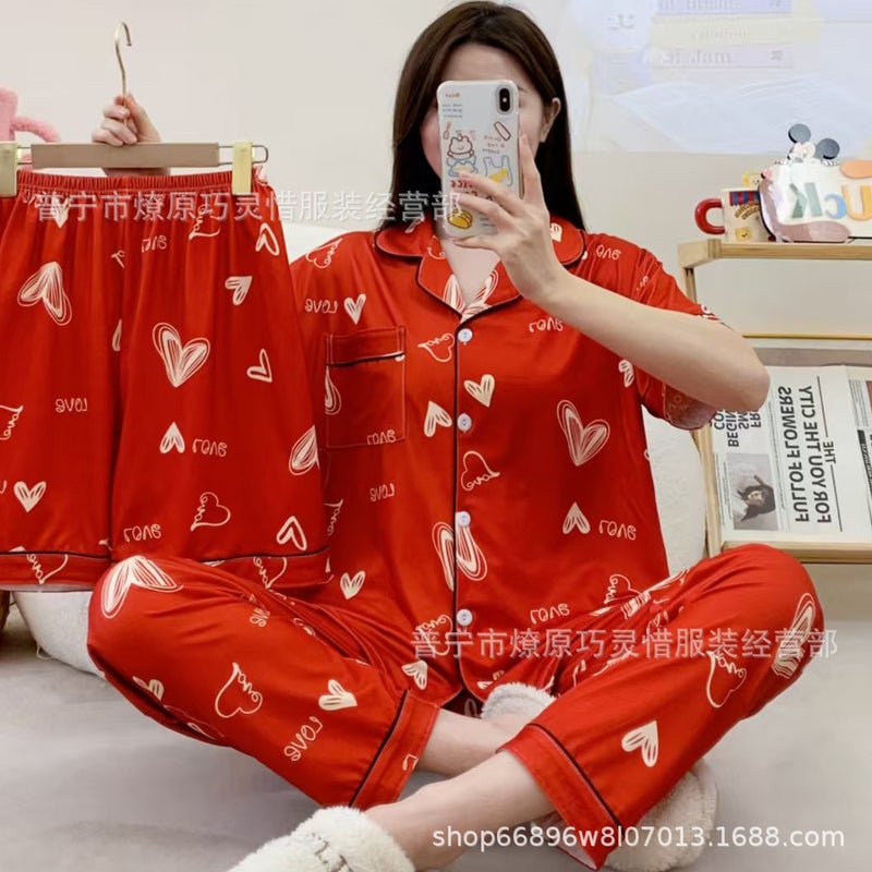 Imitation Cotton Stretch Short-Sleeve Shorts and Long Pants Three-Piece Set, Foreign Trade Spring and Autumn Pajamas for Women, Sweet Cardigan Casual Loungewear - Image 3