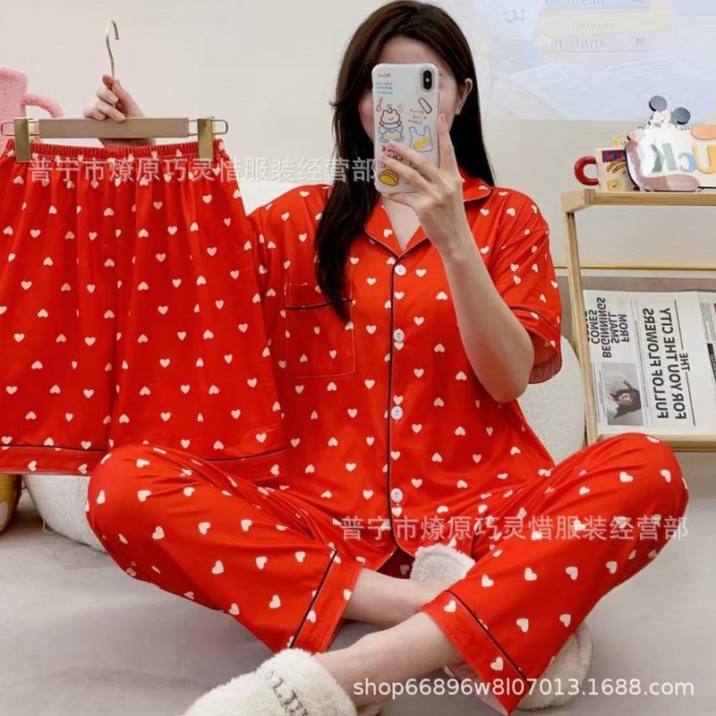 Imitation Cotton Stretch Short-Sleeve Shorts and Long Pants Three-Piece Set, Foreign Trade Spring and Autumn Pajamas for Women, Sweet Cardigan Casual Loungewear - Image 4