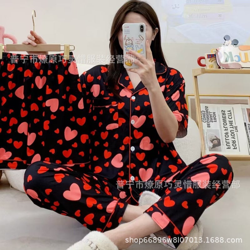 Imitation Cotton Stretch Short-Sleeve Shorts and Long Pants Three-Piece Set, Foreign Trade Spring and Autumn Pajamas for Women, Sweet Cardigan Casual Loungewear - Image 2