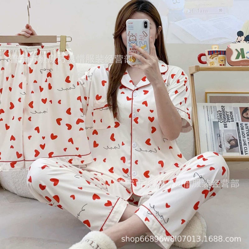 Imitation Cotton Stretch Short-Sleeve Shorts and Long Pants Three-Piece Set, Foreign Trade Spring and Autumn Pajamas for Women, Sweet Cardigan Casual Loungewear - Image 1