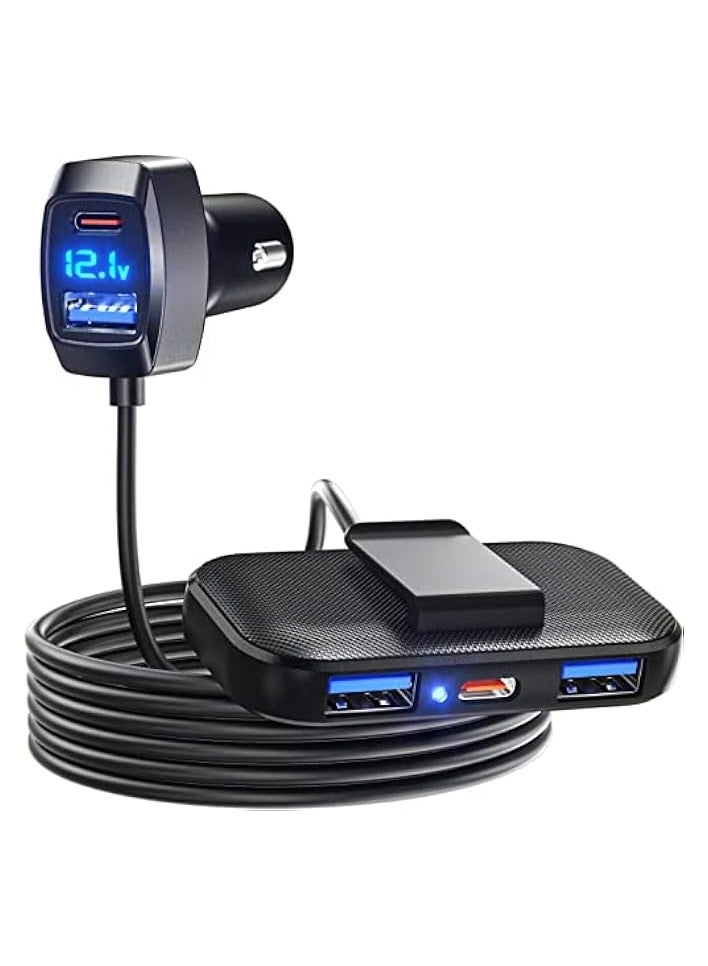 Lencent 5 Multi Ports Car Charger, 31W Car Charger Adapter, 3 USB A & 2 Type C Ports for Smart Phone, Voltage Detection, Multi Cigarette Lighter USB Charger with 5FT/1.5M Cable for Back Seat Charging - Image 1