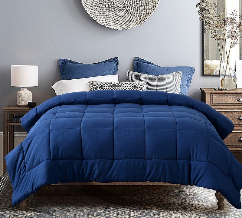EVOLIVE All Season Pre Washed Soft Microfiber White Goose Down Alternative Comforter with Box Stitching (Navy, Full/Queen) - Image 1