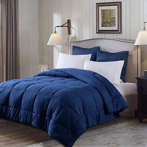EVOLIVE All Season Pre Washed Soft Microfiber White Goose Down Alternative Comforter with Box Stitching (Navy, Full/Queen) - Image 2