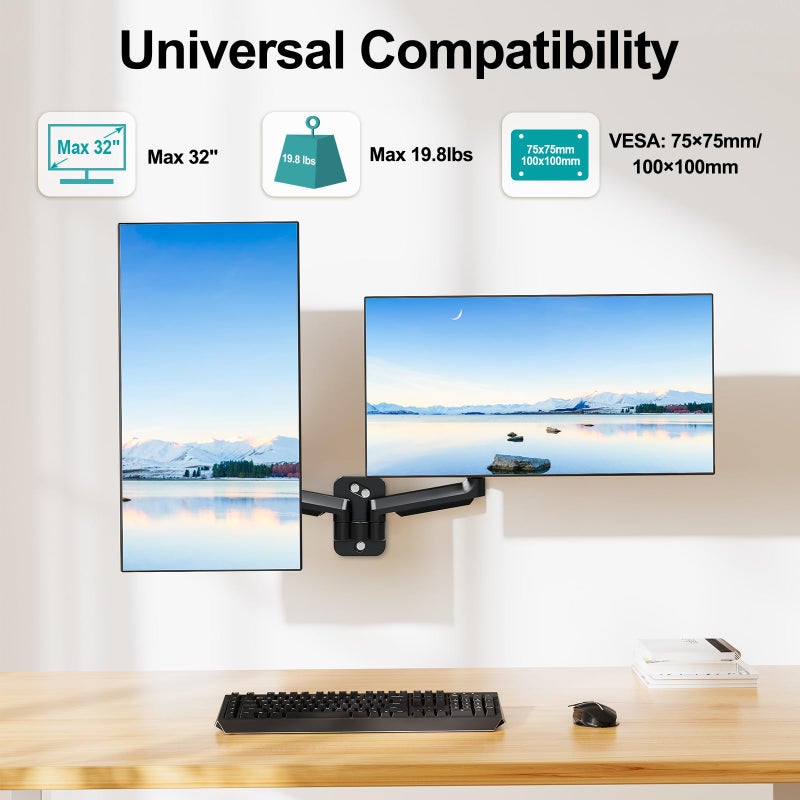 MOUNT PRO Dual Monitor Wall Mount for 13 to 32 Inch Computer Screens, Gas Spring Arm for 2 Monitors, Each Holds Up to 17.6lbs, Full Motion Wall Monitor Mount with VESA 75x75/100x100 - Image 2