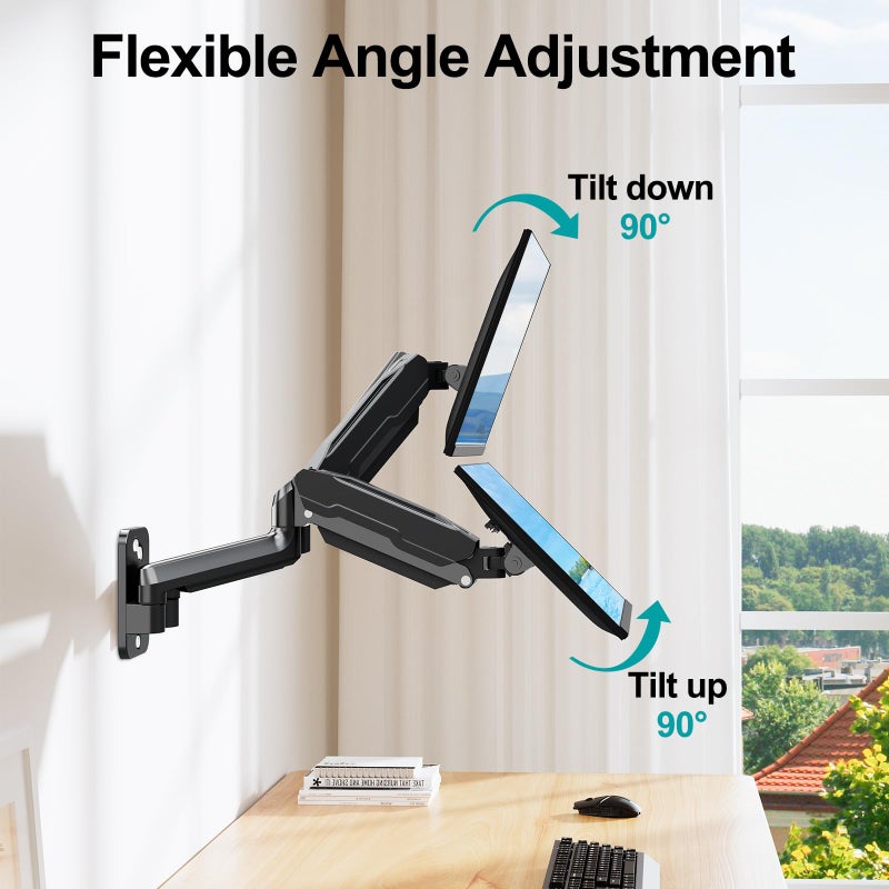 MOUNT PRO Dual Monitor Wall Mount for 13 to 32 Inch Computer Screens, Gas Spring Arm for 2 Monitors, Each Holds Up to 17.6lbs, Full Motion Wall Monitor Mount with VESA 75x75/100x100 - Image 4