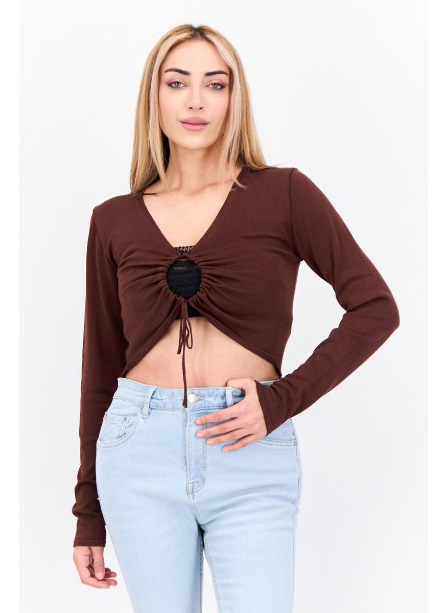 MANGO Women Keyhole Neckline Long Sleeve Solid Top, Brown  - Image 1