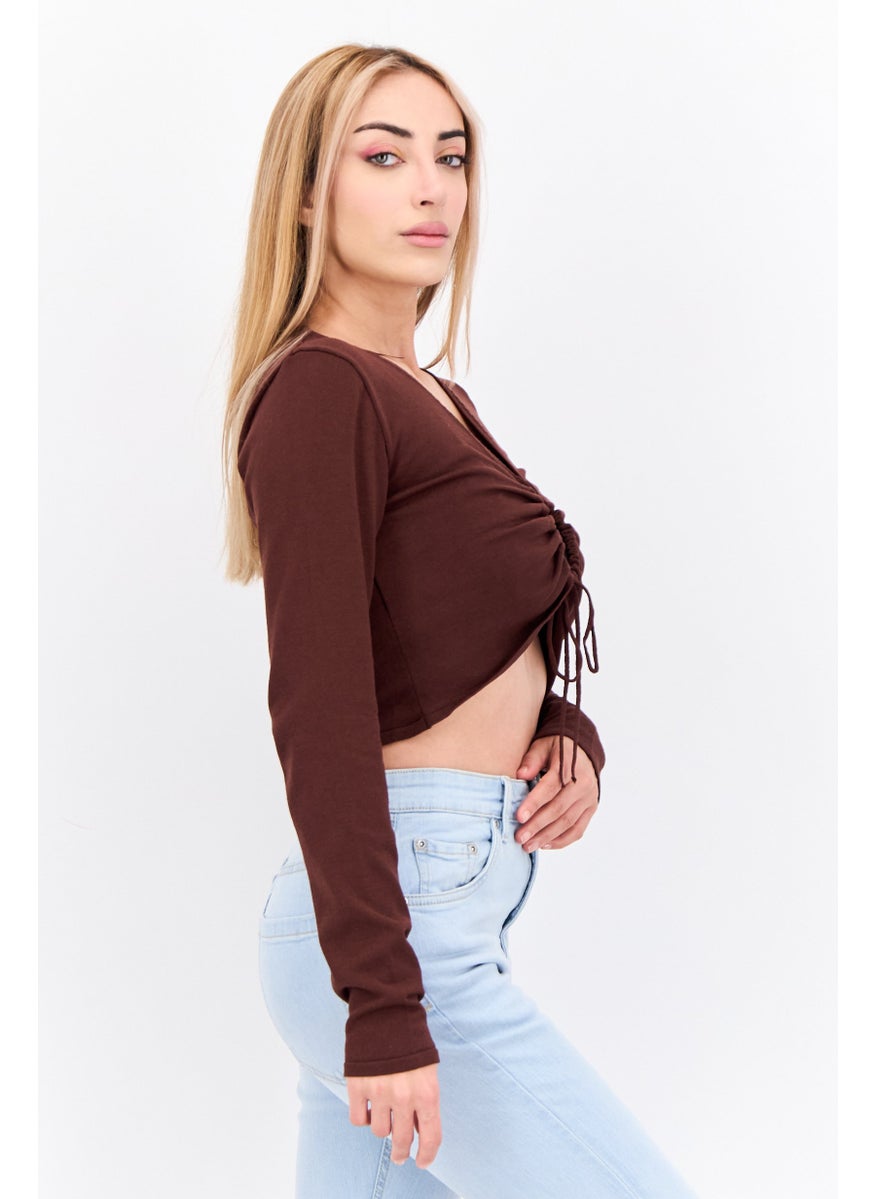 MANGO Women Keyhole Neckline Long Sleeve Solid Top, Brown  - Image 2