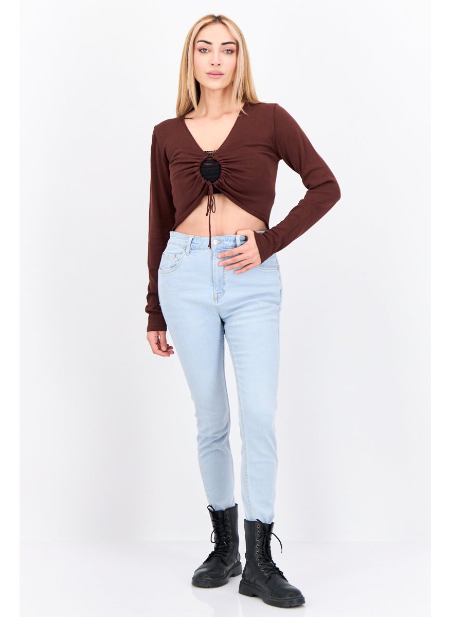 MANGO Women Keyhole Neckline Long Sleeve Solid Top, Brown  - Image 4