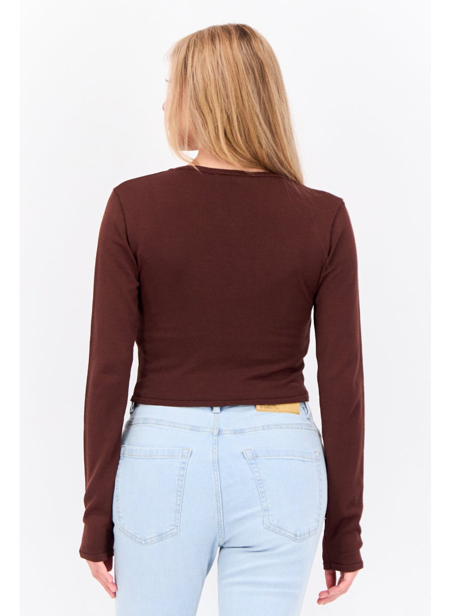 MANGO Women Keyhole Neckline Long Sleeve Solid Top, Brown  - Image 3