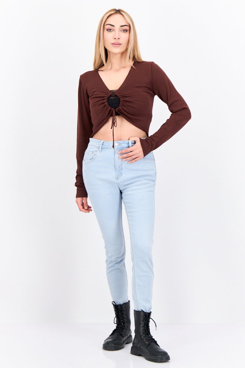 MANGO Women Keyhole Neckline Long Sleeve Solid Top, Brown - Image 2