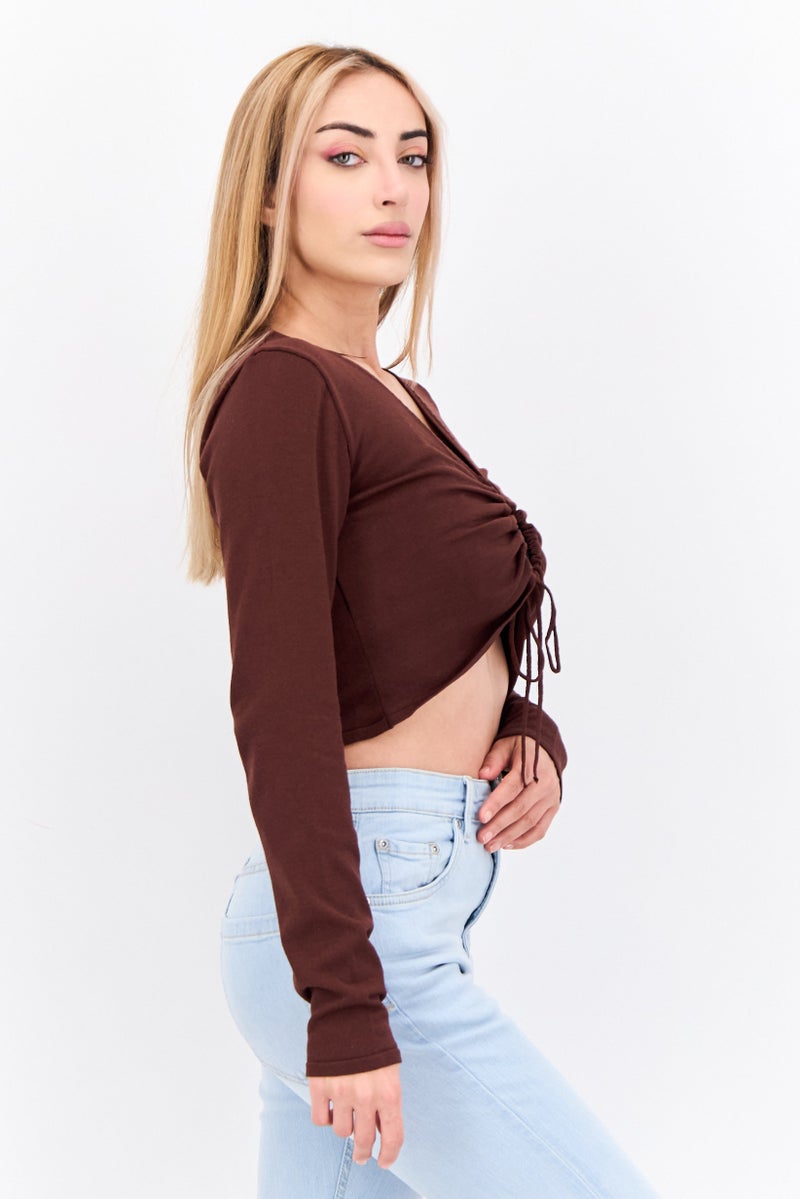 MANGO Women Keyhole Neckline Long Sleeve Solid Top, Brown - Image 2
