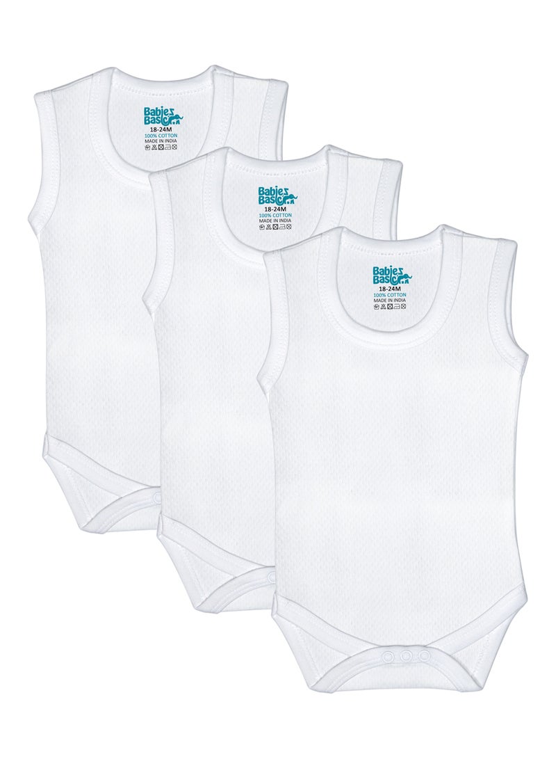 Babies Basic BabiesBasic Super Combed Cotton, Sleeveless Printed Bodysuit, for New Born to 24months. Set of 3, White - Image 1