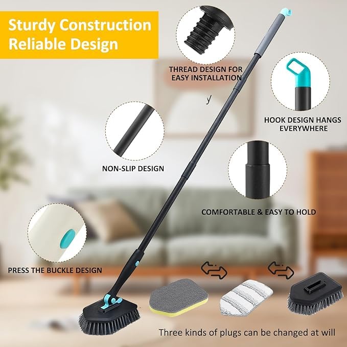 IGNOTI 3 in 1 Shower Cleaning Brush - 180° Rotatable Bathroom Cleaning Brush with 50 inch Long Handle, Scrubber Brush Cleaner Tool for Shower Bathtub Tile Wall Floor Cleaning - Image 5