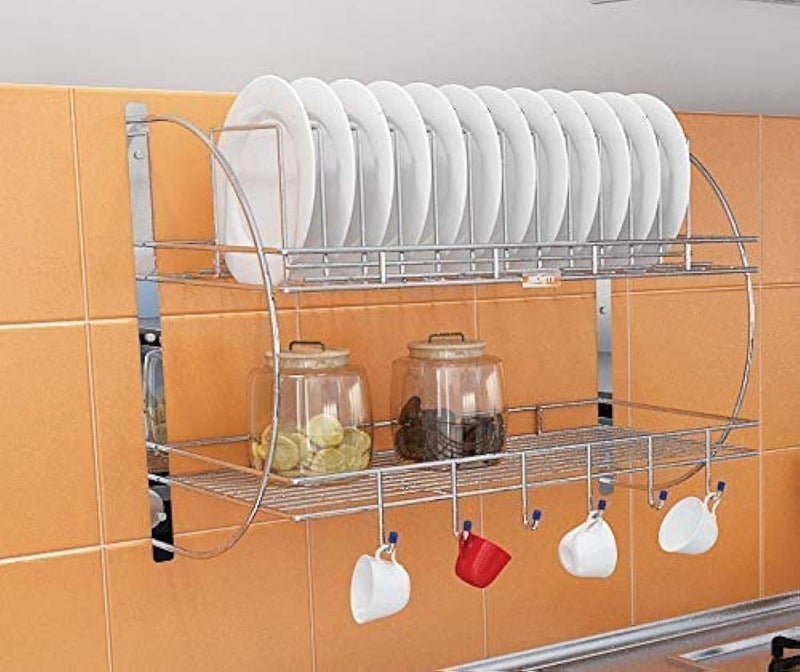 Kavid 2 Layer Wall Hanging Stainless Steel Plate Rack Dish Stand Utensil Chrome PlatedSilver - Image 1