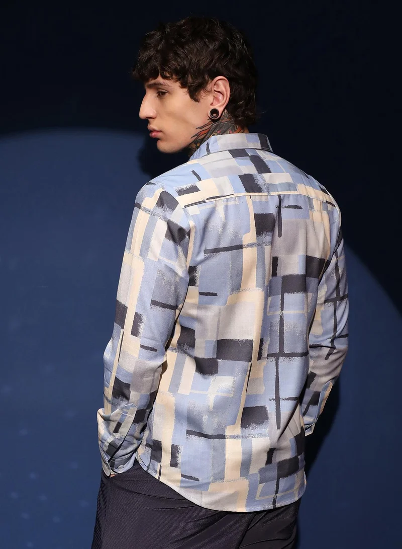 CAHOOT  Men's Powder Blue & Pale Yellow Cubic-Overlap Shirt for Men | Best Price UAE