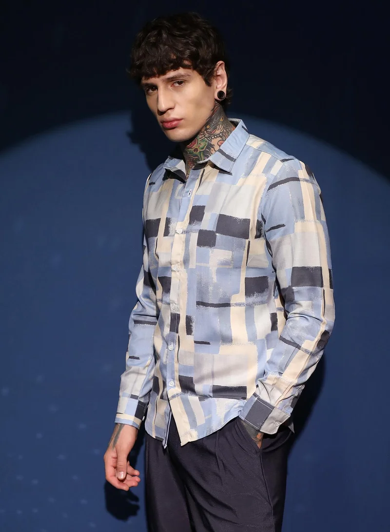 CAHOOT  Men's Powder Blue & Pale Yellow Cubic-Overlap Shirt for Men | Best Price UAE