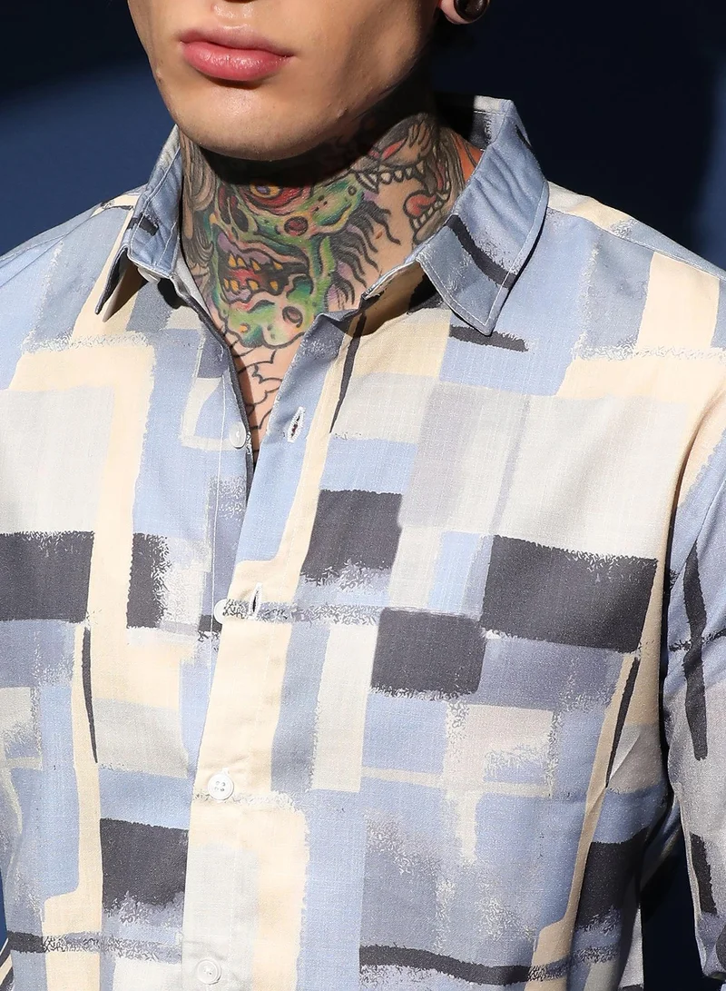 CAHOOT  Men's Powder Blue & Pale Yellow Cubic-Overlap Shirt for Men | Best Price UAE