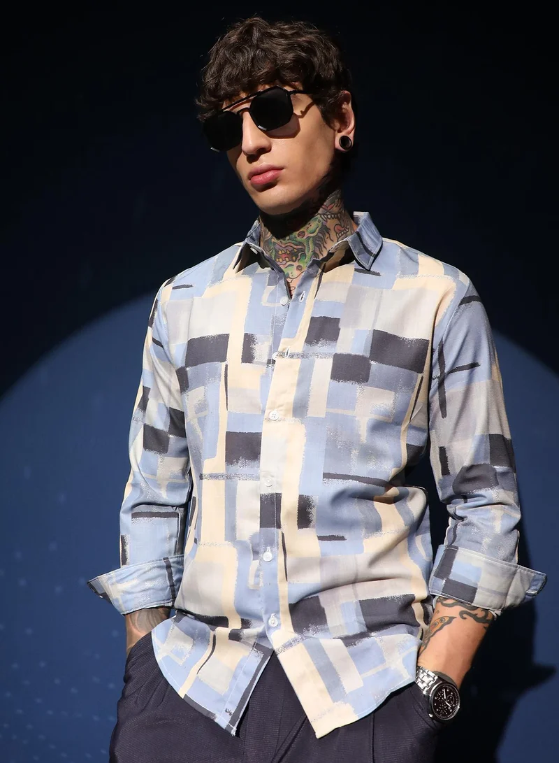 كامبوس سوترا قميص رجالي بأزرار وياقة واسعة - أزرق فاتح وأصفر باهت