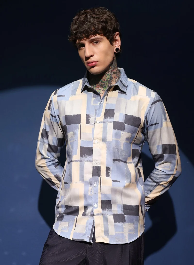 كامبوس سوترا قميص رجالي بأزرار وياقة واسعة - أزرق فاتح وأصفر باهت