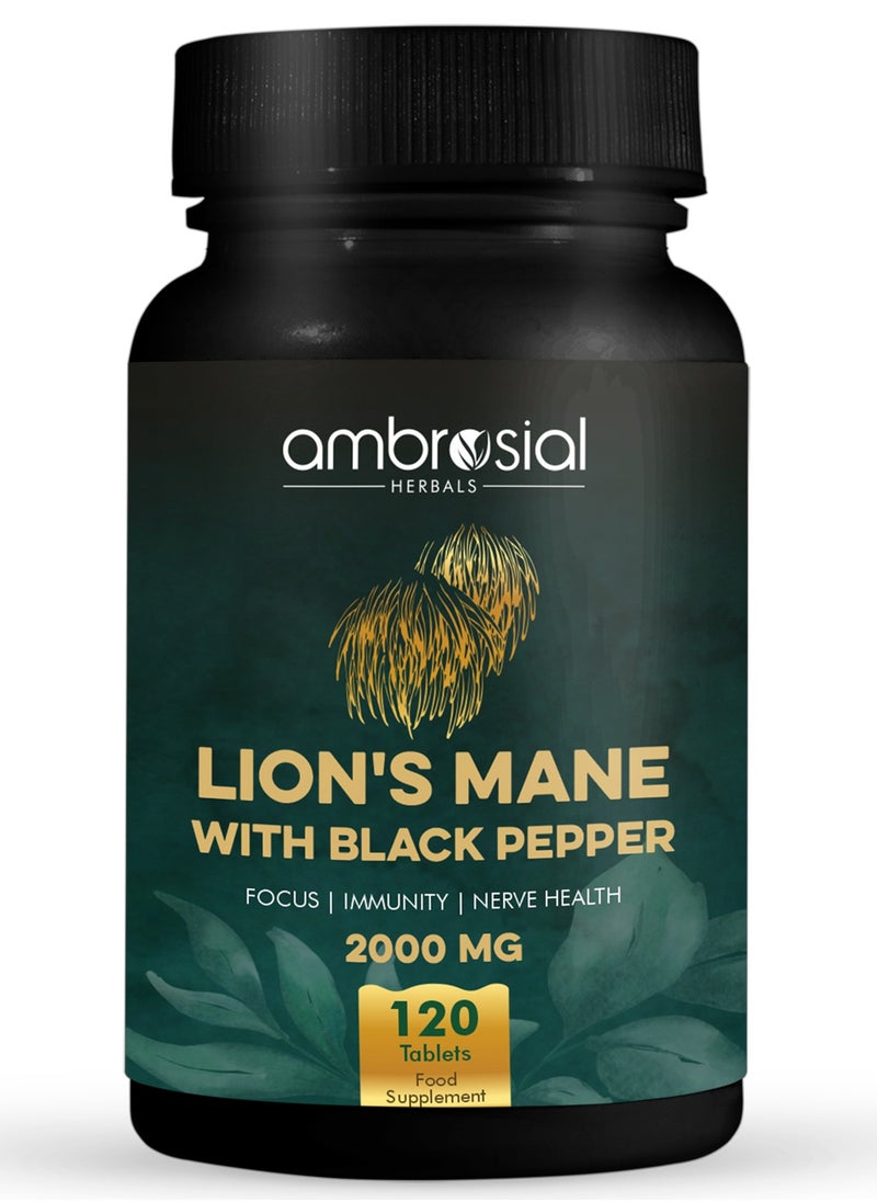 أمبروسيال Ambrosial Lion's Mane مع الفلفل الأسود - 2000 مجم - يعزز التركيز، ويعزز المناعة، ويدعم صحة الأعصاب - مستخلص عرف الأسد العضوي بنسبة 100% عالي الامتصاص - 120 قرصًا  - Image 1