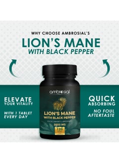 ambrosial Ambrosial Lion's Mane with Black Pepper - 2000 mg - Enhances Focus, Boosts Immunity, and Supports Nerve Health - Highly Absorbent 100% Organic Lion's Mane Extract - 120 Tablets  - Image 3