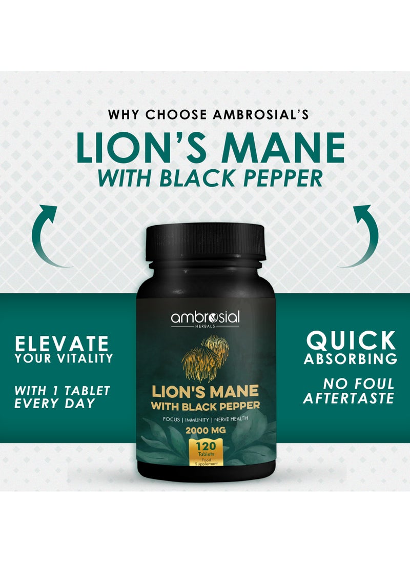 أمبروسيال Ambrosial Lion's Mane مع الفلفل الأسود - 2000 مجم - يعزز التركيز، ويعزز المناعة، ويدعم صحة الأعصاب - مستخلص عرف الأسد العضوي بنسبة 100% عالي الامتصاص - 120 قرصًا  - Image 3