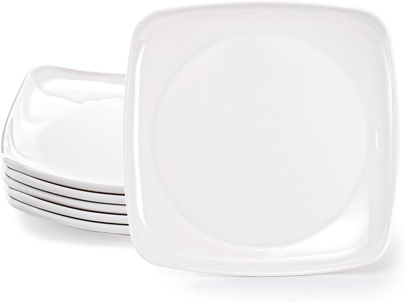 Fasmov 6 Pack 105 Melamine Sqaure Dinner Plates Unbreakable Serving Dishes Modern Square Dinnerware Square Serving Plate for Steak Pasta Fruit Salad Snacks Pizza Appetizer Plates White - Image 1