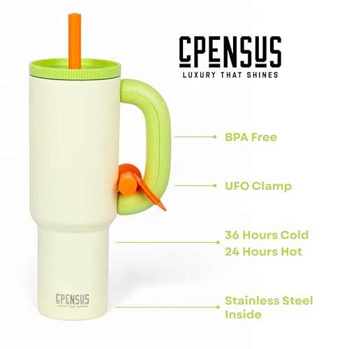 CPENSUS 1200ML Stainless Steel Tumbler with Lid and Straw, Hot and Cold with Handle, 100% Leak Proof Mug Cupholder for Travelling, Gym (Cream + Green) - Image 3