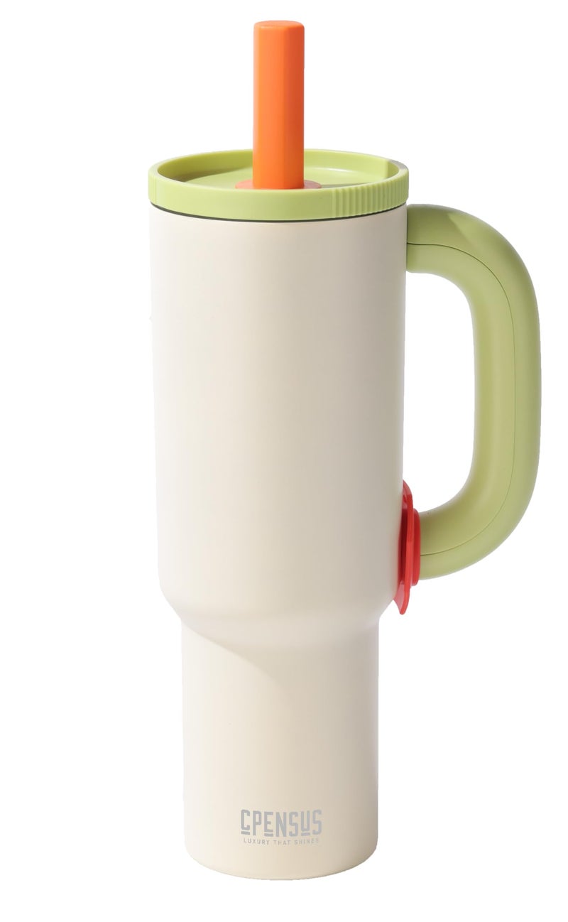 CPENSUS 1200ML Stainless Steel Tumbler with Lid and Straw, Hot and Cold with Handle, 100% Leak Proof Mug Cupholder for Travelling, Gym (Cream + Green) - Image 1