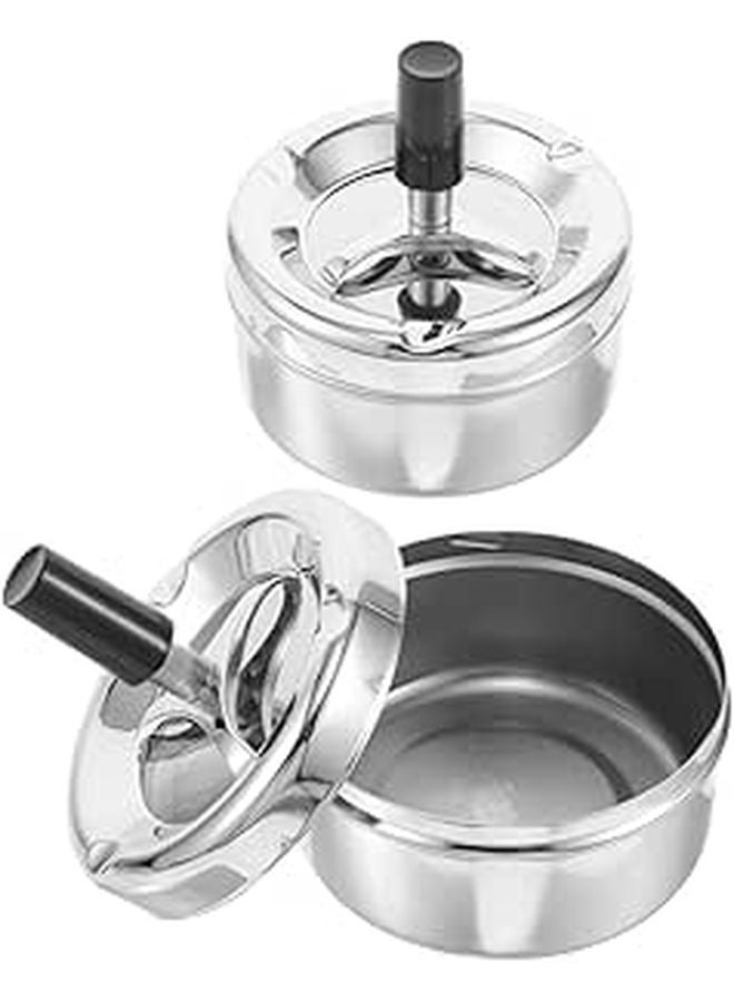 Windproof Metal Ashtray With Lid 2 Pack Round Spinning Cigar Ashtray For Outdoor Home Patio Silver - Image 1