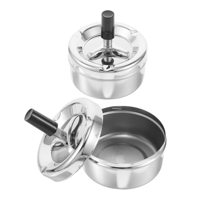 Windproof Metal Ashtray With Lid 2 Pack Round Spinning Cigar Ashtray For Outdoor Home Patio Silver - Image 2