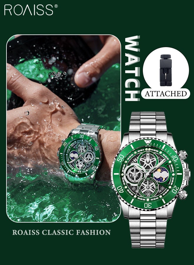 رويس ساعة كوارتز رجالية للأعمال مع شاشة عرض تناظرية وقرص دائري مع عرض تقويم طور القمر، ساعة يد متعددة الوظائف فاخرة وخفيفة الوزن ومقاومة للماء كهدية للرجال - Image 1