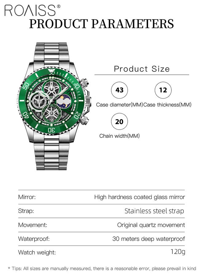 رويس ساعة كوارتز رجالية للأعمال مع شاشة عرض تناظرية وقرص دائري مع عرض تقويم طور القمر، ساعة يد متعددة الوظائف فاخرة وخفيفة الوزن ومقاومة للماء كهدية للرجال - Image 3